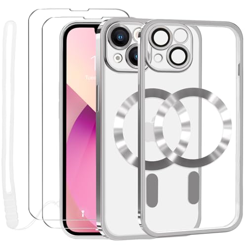 Lafunda Durchsichtig Hülle für iPhone 13 Handyhülle Kompatibel mit MagSafe mit Kameraschutz und 2 Stück Panzerglas, Clear Magnetisch Case mit Schlüsselband für iPhone 13-Silber von Lafunda