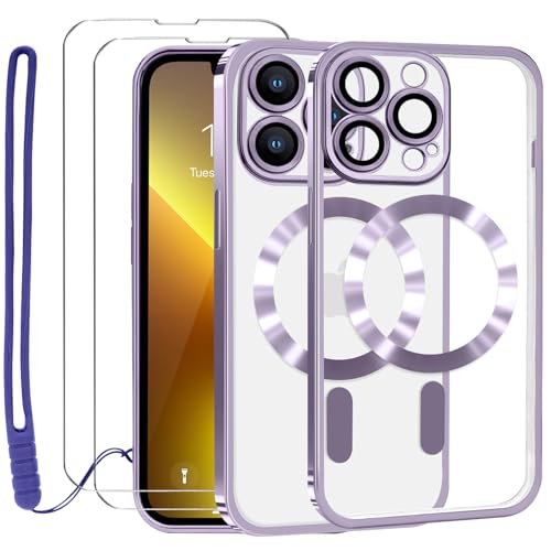 Lafunda Durchsichtig Hülle für iPhone 13 Pro Handyhülle Kompatibel mit MagSafe mit Kameraschutz und 2 Stück Panzerglas, Clear Magnetisch Case mit Schlüsselband für iPhone 13 Pro-Dunkelila von Lafunda