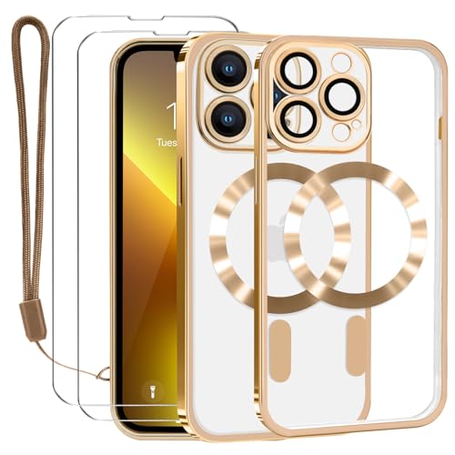 Lafunda Durchsichtig Hülle für iPhone 13 Pro Handyhülle Kompatibel mit MagSafe mit Kameraschutz und 2 Stück Panzerglas, Clear Magnetisch Case mit Schlüsselband für iPhone 13 Pro-Gold von Lafunda