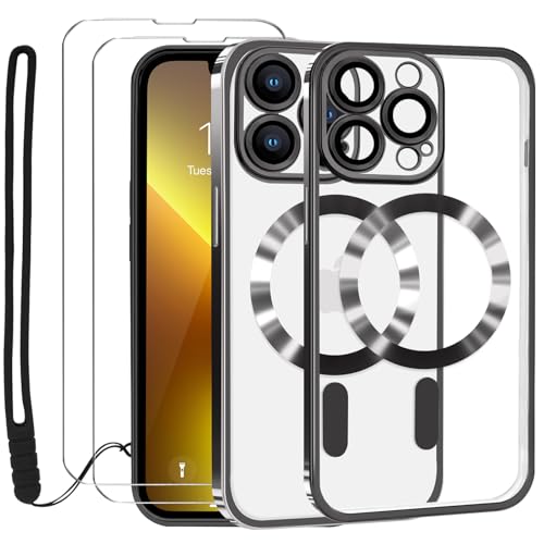 Lafunda Durchsichtig Hülle für iPhone 13 Pro Handyhülle Kompatibel mit MagSafe mit Kameraschutz und 2 Stück Panzerglas, Clear Magnetisch Case mit Schlüsselband für iPhone 13 Pro-Schwarz von Lafunda