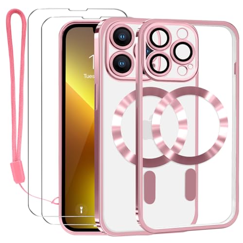 Lafunda Durchsichtig Hülle für iPhone 13 Pro Max Handyhülle Kompatibel mit MagSafe mit Kameraschutz und 2 Stück Panzerglas, Clear Magnetisch Case mit Schlüsselband für iPhone 13 Pro Max- Roségold von Lafunda