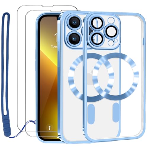 Lafunda Durchsichtig Hülle für iPhone 13 Pro Max Handyhülle Kompatibel mit MagSafe mit Kameraschutz und 2 Stück Panzerglas, Clear Magnetisch Case mit Schlüsselband für iPhone 13 Pro Max-Blau von Lafunda