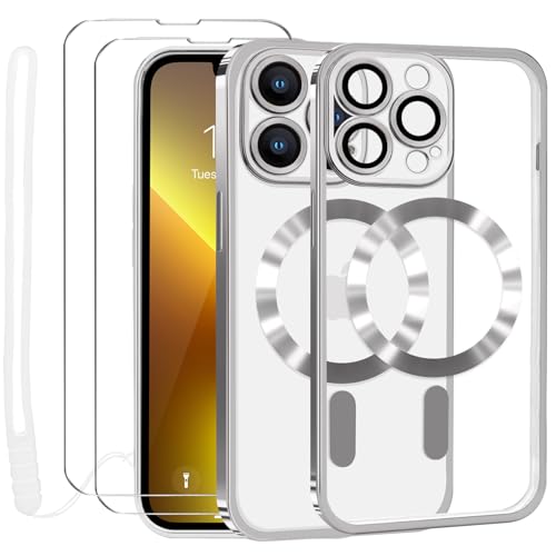 Lafunda Durchsichtig Hülle für iPhone 13 Pro Max Handyhülle Kompatibel mit MagSafe mit Kameraschutz und 2 Stück Panzerglas, Clear Magnetisch Case mit Schlüsselband für iPhone 13 Pro Max-Silber von Lafunda