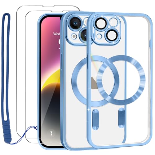 Lafunda Durchsichtig Hülle für iPhone 14 Handyhülle Kompatibel mit MagSafe mit Kameraschutz und 2 Stück Panzerglas, Clear Magnetisch Case mit Schlüsselband für iPhone 14-Blau von Lafunda