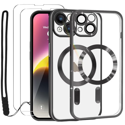 Lafunda Durchsichtig Hülle für iPhone 14 Handyhülle Kompatibel mit MagSafe mit Kameraschutz und 2 Stück Panzerglas, Clear Magnetisch Case mit Schlüsselband für iPhone 14-Schwarz von Lafunda