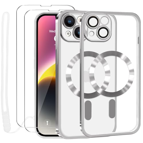 Lafunda Durchsichtig Hülle für iPhone 14 Handyhülle Kompatibel mit MagSafe mit Kameraschutz und 2 Stück Panzerglas, Clear Magnetisch Case mit Schlüsselband für iPhone 14-Silber von Lafunda