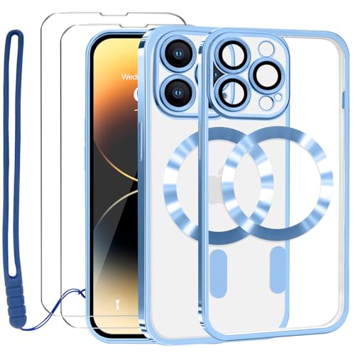 Lafunda Durchsichtig Hülle für iPhone 14 Pro Handyhülle Kompatibel mit MagSafe mit Kameraschutz und 2 Stück Panzerglas, Clear Magnetisch Case mit Schlüsselband für iPhone 14 Pro-Blau von Lafunda