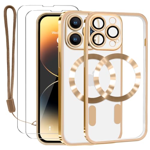 Lafunda Durchsichtig Hülle für iPhone 14 Pro Handyhülle Kompatibel mit MagSafe mit Kameraschutz und 2 Stück Panzerglas, Clear Magnetisch Case mit Schlüsselband für iPhone 14 Pro-Gold von Lafunda