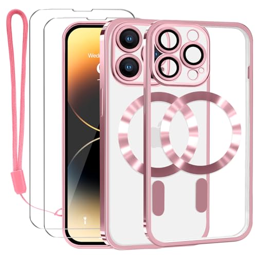 Lafunda Durchsichtig Hülle für iPhone 14 Pro Handyhülle Kompatibel mit MagSafe mit Kameraschutz und 2 Stück Panzerglas, Clear Magnetisch Case mit Schlüsselband für iPhone 14 Pro- Roségold von Lafunda