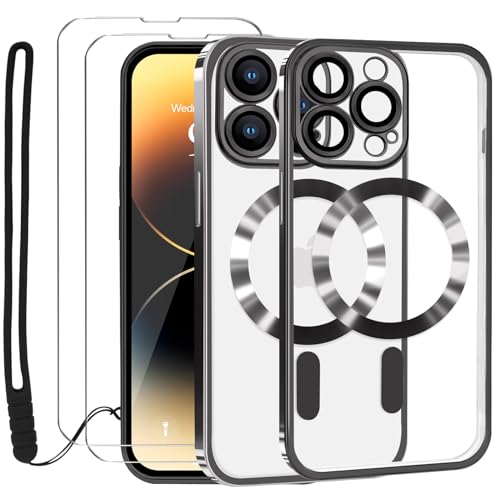Lafunda Durchsichtig Hülle für iPhone 14 Pro Handyhülle Kompatibel mit MagSafe mit Kameraschutz und 2 Stück Panzerglas, Clear Magnetisch Case mit Schlüsselband für iPhone 14 Pro-Schwarz von Lafunda