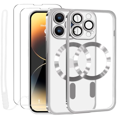 Lafunda Durchsichtig Hülle für iPhone 14 Pro Max Handyhülle Kompatibel mit MagSafe mit Kameraschutz und 2 Stück Panzerglas, Clear Magnetisch Case mit Schlüsselband für iPhone 14 Pro Max-Silber von Lafunda