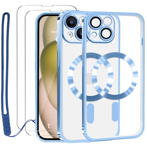 Lafunda Durchsichtig Hülle für iPhone 15 Handyhülle Kompatibel mit MagSafe mit Kameraschutz und 2 Stück Panzerglas, Clear Magnetisch Case mit Schlüsselband für iPhone 15-Blue von Lafunda
