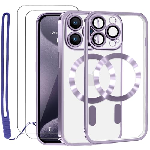 Lafunda Durchsichtig Hülle für iPhone 15 Handyhülle Kompatibel mit MagSafe mit Kameraschutz und 2 Stück Panzerglas, Clear Magnetisch Case mit Schlüsselband für iPhone 15-Dunkelila von Lafunda