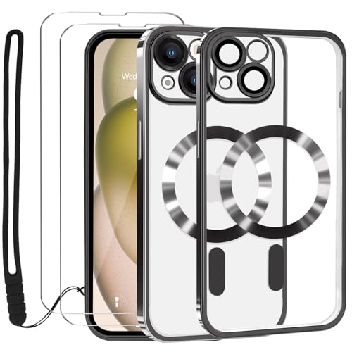 Lafunda Durchsichtig Hülle für iPhone 15 Handyhülle Kompatibel mit MagSafe mit Kameraschutz und 2 Stück Panzerglas, Clear Magnetisch Case mit Schlüsselband für iPhone 15-Schwarz von Lafunda