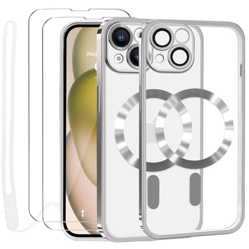 Lafunda Durchsichtig Hülle für iPhone 15 Handyhülle Kompatibel mit MagSafe mit Kameraschutz und 2 Stück Panzerglas, Clear Magnetisch Case mit Schlüsselband für iPhone 15-Silber von Lafunda