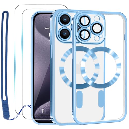 Lafunda Durchsichtig Hülle für iPhone 15 Pro Handyhülle Kompatibel mit MagSafe mit Kameraschutz und 2 Stück Panzerglas, Clear Magnetisch Case mit Schlüsselband für iPhone 15 Pro-Blau von Lafunda