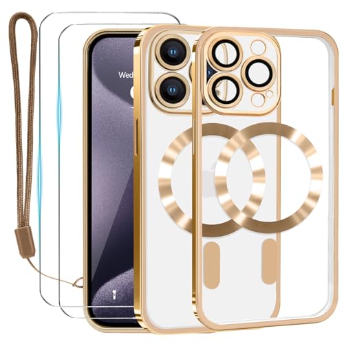 Lafunda Durchsichtig Hülle für iPhone 15 Pro Handyhülle Kompatibel mit MagSafe mit Kameraschutz und 2 Stück Panzerglas, Clear Magnetisch Case mit Schlüsselband für iPhone 15 Pro-Gold von Lafunda