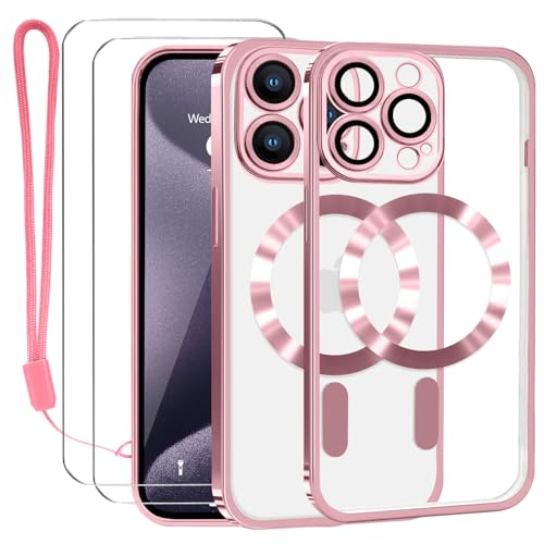 Lafunda Durchsichtig Hülle für iPhone 15 Pro Handyhülle Kompatibel mit MagSafe mit Kameraschutz und 2 Stück Panzerglas, Clear Magnetisch Case mit Schlüsselband für iPhone 15 Pro- Roségold von Lafunda