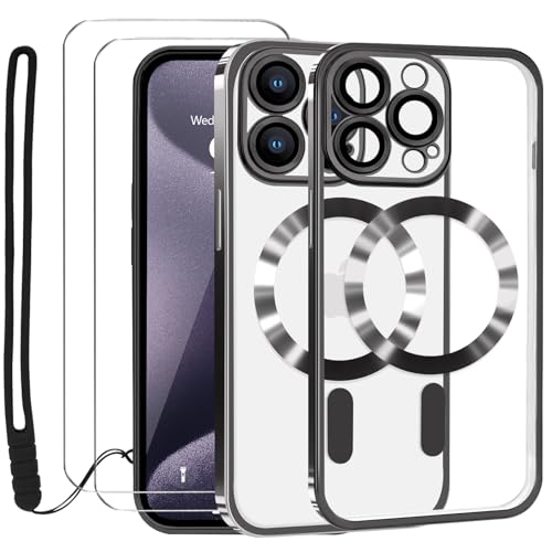Lafunda Durchsichtig Hülle für iPhone 15 Pro Handyhülle Kompatibel mit MagSafe mit Kameraschutz und 2 Stück Panzerglas, Clear Magnetisch Case mit Schlüsselband für iPhone 15 Pro-Schwarz von Lafunda