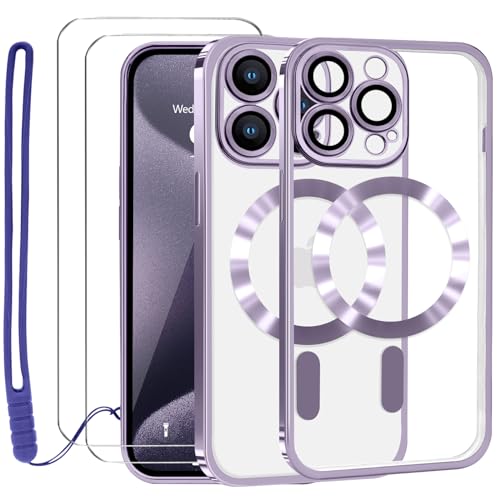 Lafunda Durchsichtig Hülle für iPhone 15 Pro Max Handyhülle Kompatibel mit MagSafe mit Kameraschutz und 2 Stück Panzerglas, Clear Magnetisch Case mit Schlüsselband für iPhone 15 Pro Max-Dunkelila von Lafunda