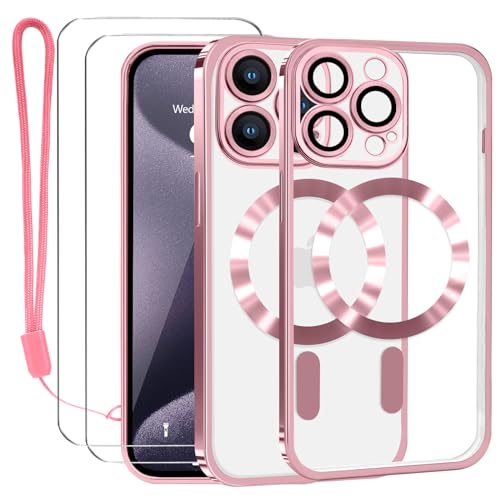 Lafunda Durchsichtig Hülle für iPhone 15 Pro Max Handyhülle Kompatibel mit MagSafe mit Kameraschutz und 2 Stück Panzerglas, Clear Magnetisch Case mit Schlüsselband für iPhone 15 Pro Max- Roségold von Lafunda