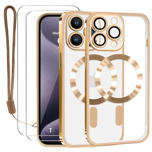 Lafunda Durchsichtig Hülle für iPhone 15 Pro Max Handyhülle Kompatibel mit MagSafe mit Kameraschutz und 2 Stück Panzerglas, Clear Magnetisch Case mit Schlüsselband für iPhone 15 Pro Max-Gold von Lafunda