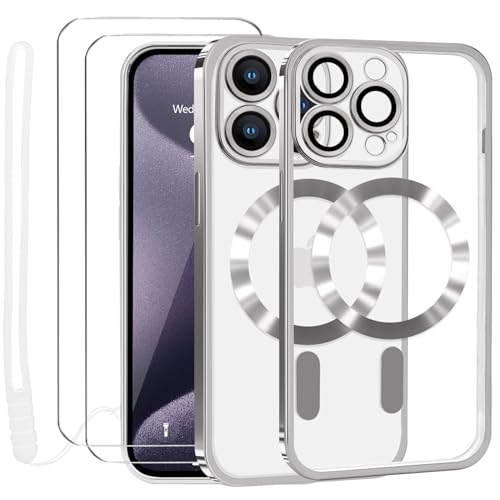 Lafunda Durchsichtig Hülle für iPhone 15 Pro Max Handyhülle Kompatibel mit MagSafe mit Kameraschutz und 2 Stück Panzerglas, Clear Magnetisch Case mit Schlüsselband für iPhone 15 Pro Max-Silber von Lafunda