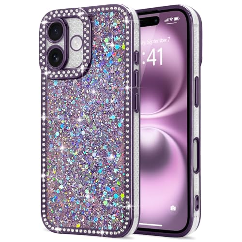 Lafunda Glitzer Hülle Kompatibel mit iPhone 16 Handyhülle Mädchen Schuzhülle Glänzend Sparkle Diamond Hülle 3D Bling Kirstall mit Kameraschutz Case für iPhone 16 Lila von Lafunda