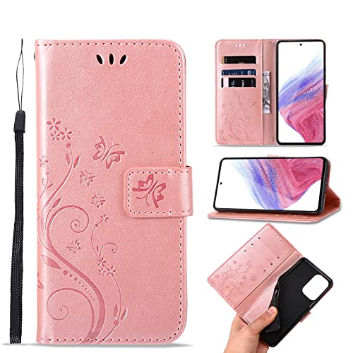 Lafunda Handyhülle für Samsung Galaxy A53 5G Hülle Leder Klappbar Schutzhülle Schmetterling Mädchen Premium Brieftasche Luxury Cover Magnetverschluss Flip Wallet Case für Samsung A53 5G Roségold von Lafunda