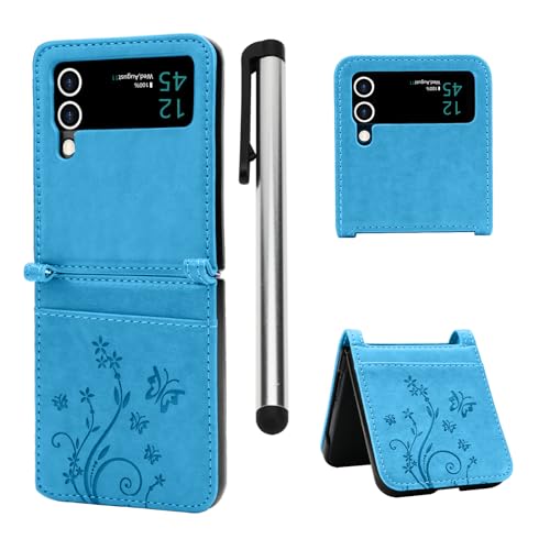 Lafunda Handyhülle für Samsung Galaxy Z Flip4 5G Hülle mit Touchscreen-Stift Leder Faltbar Schutzhülle mit Displayschutzfolie Schmetterling Case Premium Cover für Samsung Galaxy Z Flip4 5G Blau von Lafunda