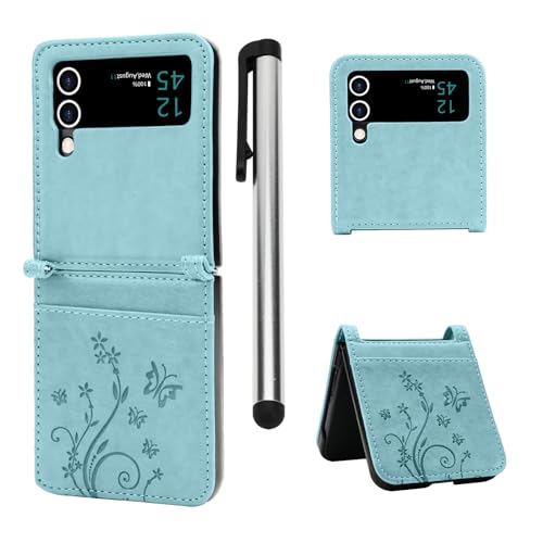 Lafunda Handyhülle für Samsung Galaxy Z Flip4 5G Hülle mit Touchscreen-Stift Leder Faltbar Schutzhülle mit Displayschutzfolie Schmetterling Case Premium Cover für Samsung Galaxy Z Flip4 5G Grün von Lafunda