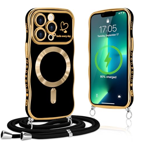 Lafunda Handykette für iPhone 13 Pro Max hülle mit Band Magnetisch Handyhülle Süß lockige Wellen Rahmenform Schutzhülle Liebe Plating Case mit Kordel zum Umhängen für iPhone 13 Pro Max Schwarz Lafunda Handykette für iPhone 13 Pro Max hülle mit Band Magnetisch Handyhülle Süß lockige Wellen Rahmenform Schutzhülle Liebe Plating Case mit Kordel zum Umhängen für iPhone 13 Pro Max Schwarz von Lafunda