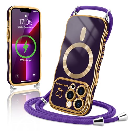 Lafunda Handykette für iPhone 13 Pro hülle mit Band Magnetisch Handyhülle Süß lockige Wellen Rahmenform Schutzhülle Liebe Plating Case mit Kordel zum Umhängen für iPhone 13 Pro Dunkelviolett Lafunda Handykette für iPhone 13 Pro hülle mit Band Magnetisch Handyhülle Süß lockige Wellen Rahmenform Schutzhülle Liebe Plating Case mit Kordel zum Umhängen für iPhone 13 Pro Dunkelviolett von Lafunda