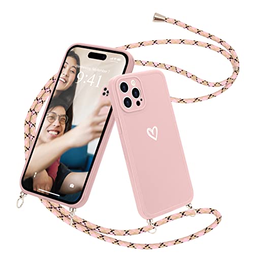 Lafunda Handykette für iPhone 14 Pro Max Hülle mit Band - Rosa | abnehmbare Handyhülle mit Kordel zum Umhängen,Silikon Schutzhülle mit Herzmuster für iPhone 14 Pro Max von Lafunda