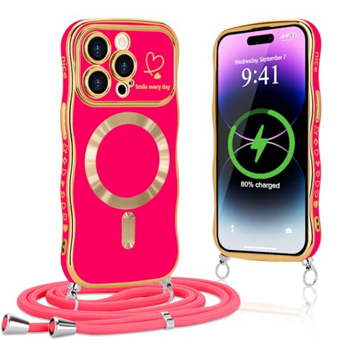 Lafunda Handykette für iPhone 14 Pro Max hülle mit Band Magnetisch Handyhülle Süß lockige Wellen Rahmenform Schutzhülle Liebe Plating Case mit Kordel zum Umhängen für iPhone 14 Pro Max Rosarot Lafunda Handykette für iPhone 14 Pro Max hülle mit Band Magnetisch Handyhülle Süß lockige Wellen Rahmenform Schutzhülle Liebe Plating Case mit Kordel zum Umhängen für iPhone 14 Pro Max Rosarot von Lafunda