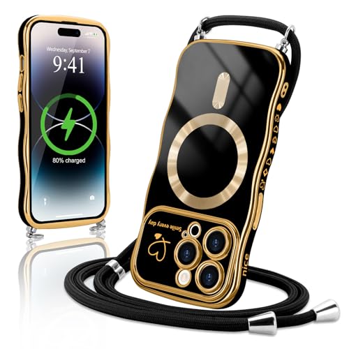Lafunda Handykette für iPhone 14 Pro Max hülle mit Band Magnetisch Handyhülle Süß lockige Wellen Rahmenform Schutzhülle Liebe Plating Case mit Kordel zum Umhängen für iPhone 14 Pro Max Schwarz Lafunda Handykette für iPhone 14 Pro Max hülle mit Band Magnetisch Handyhülle Süß lockige Wellen Rahmenform Schutzhülle Liebe Plating Case mit Kordel zum Umhängen für iPhone 14 Pro Max Schwarz von Lafunda