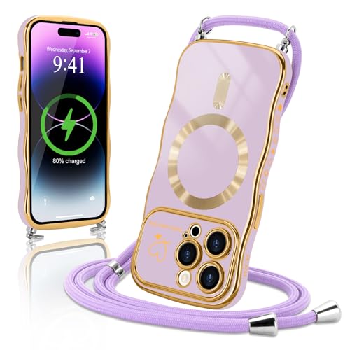 Lafunda Handykette für iPhone 14 Pro Max hülle mit Band Magnetisch Handyhülle Süß lockige Wellen Rahmenform Schutzhülle Liebe Plating Case mit Kordel zum Umhängen für iPhone 14 Pro Max Hellviolett von Lafunda