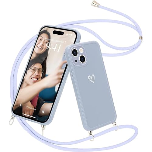 Lafunda Handykette für iPhone 15 Hülle mit Band - Grau | abnehmbare Handyhülle mit Kordel zum Umhängen,Silikon Schutzhülle mit Herzmuster für iPhone 15 von Lafunda