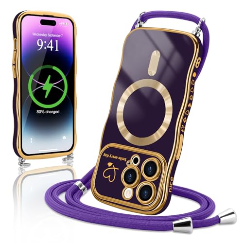 Lafunda Handykette für iPhone 15 Pro Max hülle mit Band Magnetisch Handyhülle Süß lockige Wellen Rahmenform Schutzhülle Liebe Plating Case mit Kordel zum Umhängen für iPhone 15 Pro Max Dunkelviolett Lafunda Handykette für iPhone 15 Pro Max hülle mit Band Magnetisch Handyhülle Süß lockige Wellen Rahmenform Schutzhülle Liebe Plating Case mit Kordel zum Umhängen für iPhone 15 Pro Max Dunkelviolett von Lafunda