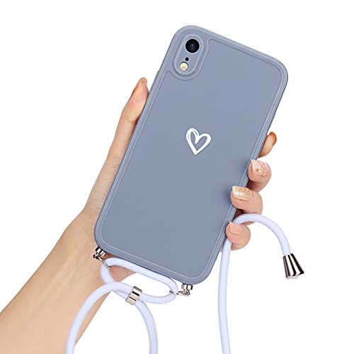 Lafunda Handykette für iPhone Xr Hülle mit Band - Grau | abnehmbare Handyhülle mit Kordel zum Umhängen,Silikon Schutzhülle mit Herzmuster für iPhone Xr von Lafunda