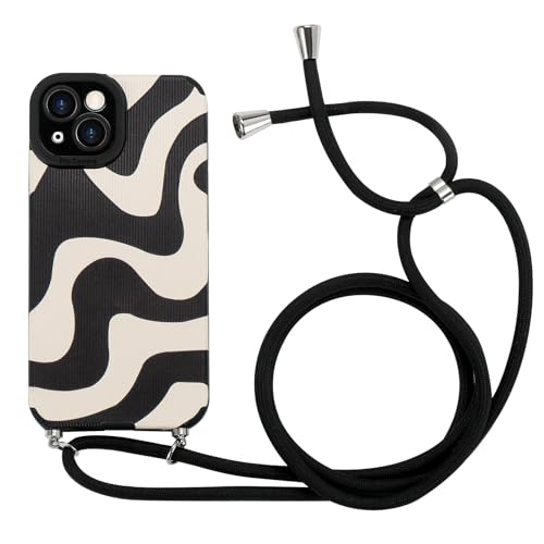 Lafunda Handykette kompatibel mit iPhone 15 Hülle, iPhone 15 Necklace Handyhülle mit Band - Wave Cute Zebra Stripes Muster Design Case mit Kette zum umhängen Schwarz von Lafunda