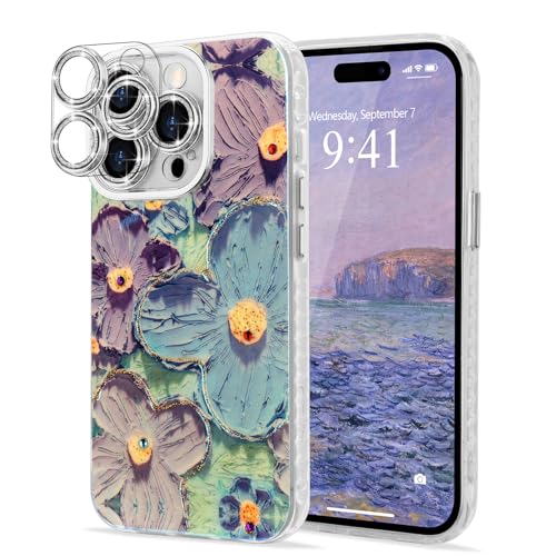 Lafunda Kompatibel mit iPhone 15 Pro Hülle Bunte Vintage Ölgemälde Blume Handyhülle mit Kameraschutz & Glänzende Diamante objektivschutz Case Langlebige Schutzhülle für iPhone 15 Pro Blauviolett von Lafunda