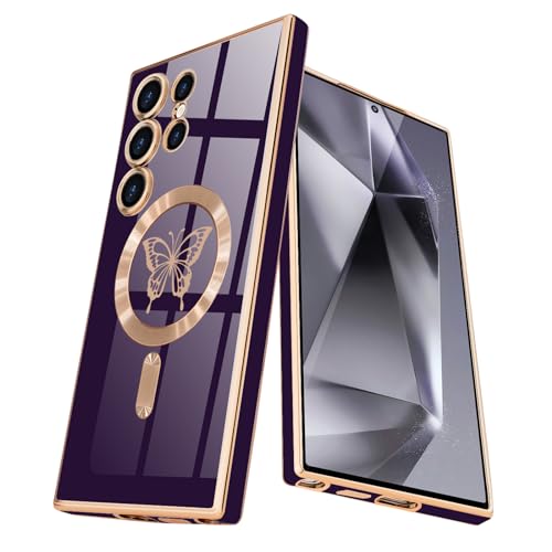 Lafunda Magnetisch Hülle für Samsung Galaxy S24 Ultra 5G Handyhülle Schutzhülle Kamera-Vorsprung Case Schmetterling Vergoldung Glitzer Mädchen Stoßfest Cover für Samsung S24 Ultra Lila von Lafunda