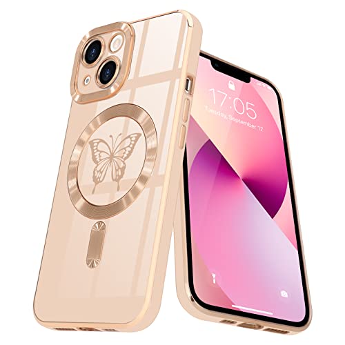 Lafunda Magnetisch Hülle für iPhone 13 Handyhülle Schutzhülle Kamera-Vorsprung Case Schmetterling Vergoldung Glitzer Mädchen Stoßfest Cover für iPhone 13 Rosa von Lafunda