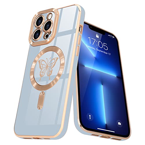 Lafunda Magnetisch Hülle für iPhone 13 pro max Handyhülle mit MagSafe Schutzhülle Kamera-Vorsprung Case Schmetterling Vergoldung Glitzer Mädchen Stoßfest Cover für iPhone 13 pro max Blau von Lafunda