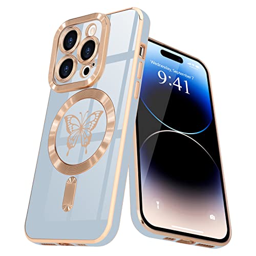 Lafunda Magnetisch Hülle für iPhone 14 pro Handyhülle mit MagSafe Schutzhülle Kamera-Vorsprung Case Schmetterling Vergoldung Glitzer Mädchen Stoßfest Cover für iPhone 14 pro Blau von Lafunda