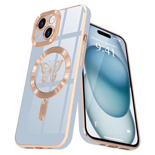 Lafunda Magnetisch Hülle für iPhone 15 Handyhülle Schutzhülle Kamera-Vorsprung Case Schmetterling Vergoldung Glitzer Mädchen Stoßfest Cover für iPhone 15 Blau Lafunda Magnetisch Hülle für iPhone 15 Handyhülle Schutzhülle Kamera-Vorsprung Case Schmetterling Vergoldung Glitzer Mädchen Stoßfest Cover für iPhone 15 Blau von Lafunda