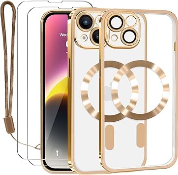 Lafunda Transparente Hülle für iPhone 15 Handyhülle Kompatibel mit MagSafe mit Kameraschutz und 2 Stück Panzerglas, Clear Magnetisch Case mit Schlüsselband für iPhone 15-Gold von Lafunda