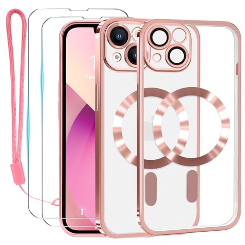 Lafunda transparent Hülle für iPhone 13 Handyhülle Kompatibel mit MagSafe mit Kameraschutz und 2 Stück Panzerglas, Clear Magnetisch Case mit Schlüsselband für iPhone 13- Roségold von Lafunda
