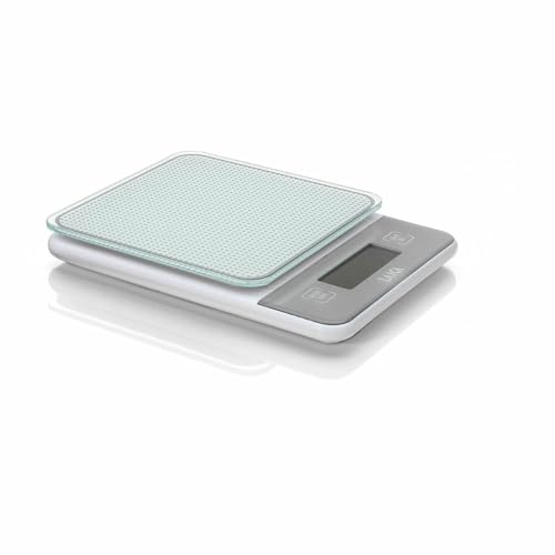Elektronische Personenwaage für Badezimmer, weiß mit blauen und grauen Streifen, max. 150 kg von Laica